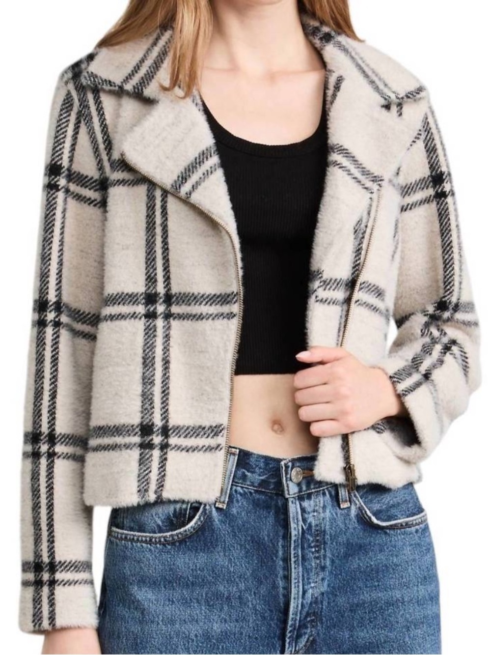 NWT Z Supply Wakefield Plaid Ivory Check Collared  Moto Coat Jacket Sz M NEW